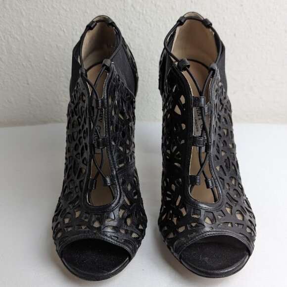 JIMMY CHOO Nappa/Shiny Fab Black Laser Cut Peep Toe Bootie - Size: 9 | IT 39 - Picture 3 of 7